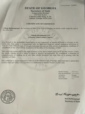 Vlancia Investments LLC Georgia business certificate